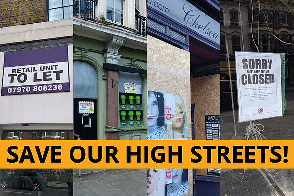 Four pictures of closed shops, with text overlaid saying "save our high streets"
